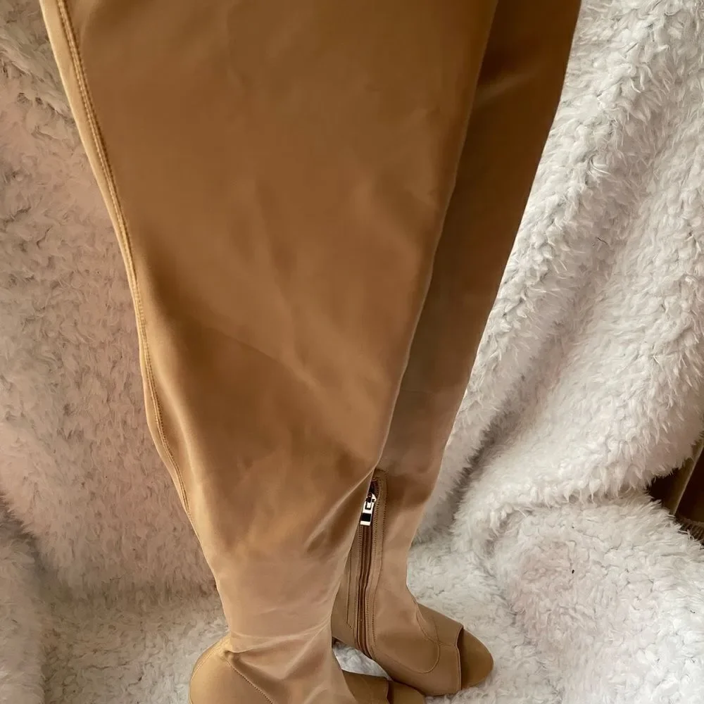 EGO over the knee tan stretchy boots with peep toe round 4”heels size7